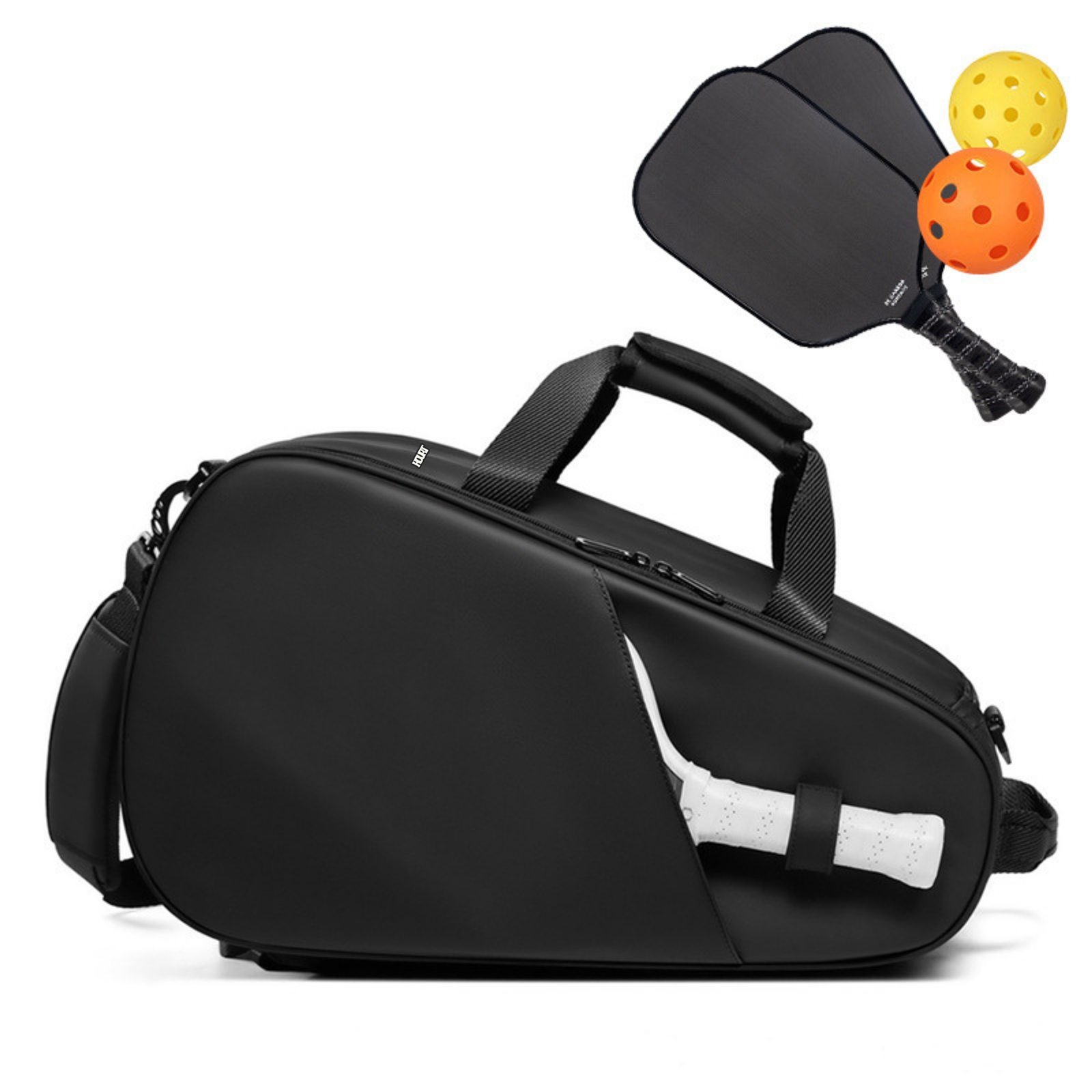 Black KOURT pickleball bag with a paddle in the side sleeve, next to two paddles and balls